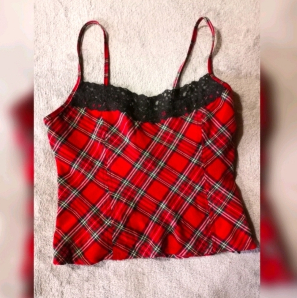 90s Vintage Red Plaid Women's Top with Lace Trim True 90s